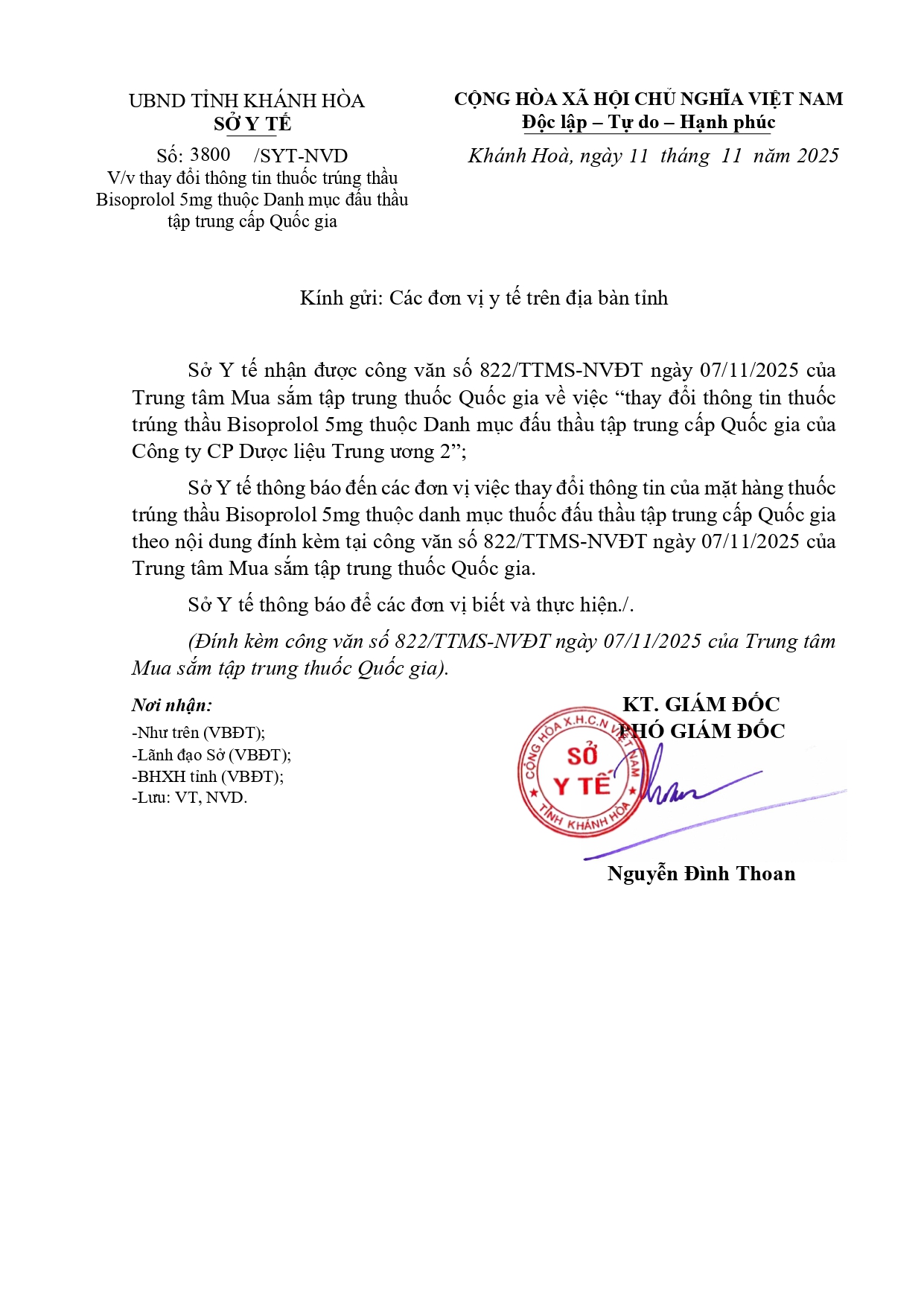 V/v thay đổi thông tin thuốc trúng thầu Bisoprolol 5mg thuộc Danh mục đấu thầu tập trung cấp Quốc gia